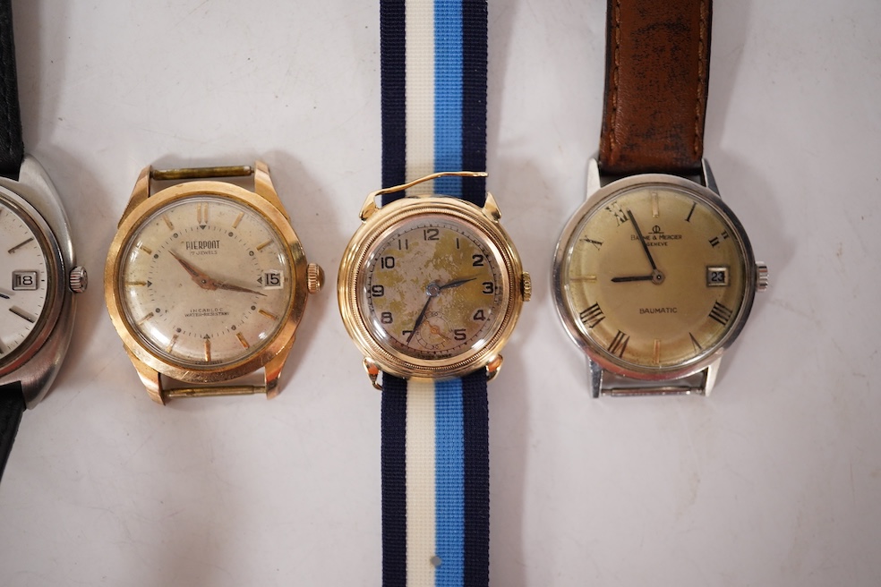 A gentleman's 1940's 9ct gold manual wind wrist watch(a.f.), together with four other wrist watches including Seiko, gold plated Girard Perregaux and Baume & Mercier Baumatic. Condition - poor to fair